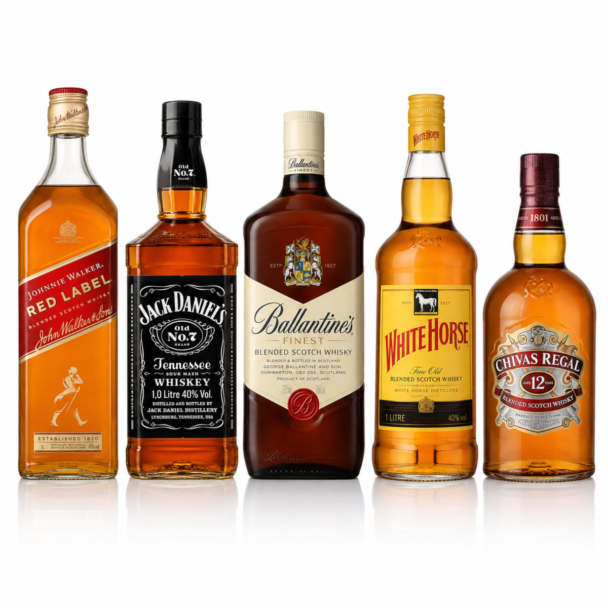 Red Label, Jack Daniel’s, Ballantine’s, White Horse e Chivas 12 Anos.